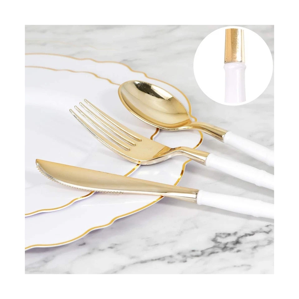 100 золотых пластиковых тарелок WDF — 60 золотых пластиковых тарелок — барочный белый - Изображение 4 из 4