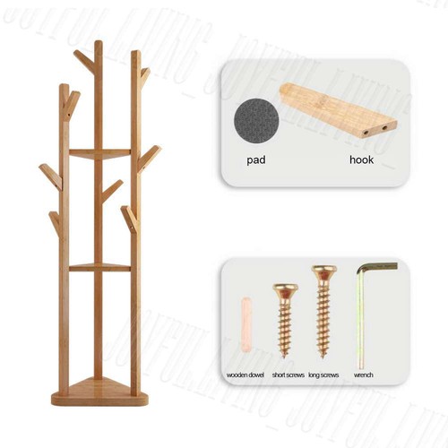 Sturdy Natural Bamboo Tree Garment Clothes Coat Hat Hanger Stand Rack w/ Shelves - Picture 10 of 12