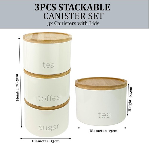 3 Piece Jar With Wooden Lid Tea Coffee Sugar Canister Storage Container Bowl Pot - Picture 28 of 35