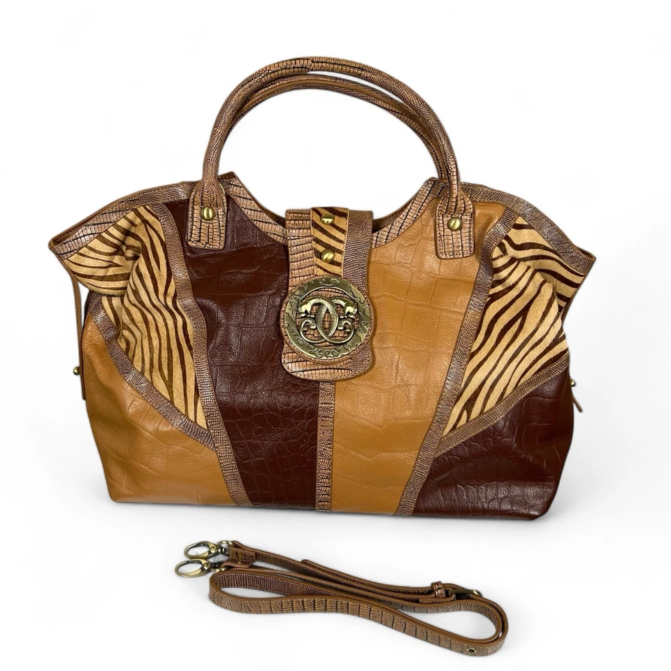 Sharif Brown Tan Giraffe Print Leather Hand Bag Purse Shoulder Bag