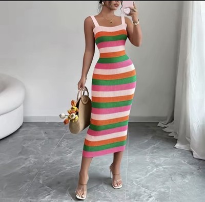 Damen Kleid Regenbogenfarbenes gestreiftes Sommerkleid One Size Fit All Trend