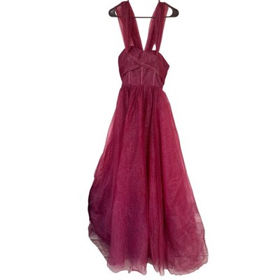 Stacees Glitter Tulle Prom Dress US2 Cabernet Gown Puffy Sleeves Formal Corset