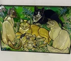 Vintage Joan Baker Tiffany Cats Stained Glass Panel 16.5x10.5 Painted Glass Art
