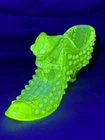 Fenton Vaseline Uranium Glass Opalescent Hobnail Cat Design Shoe/Slipper