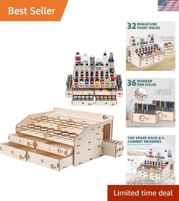 Elegant Wooden Paint Rack Organizer with 32 Holes and 4 Drawers - Art Essential