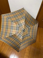 Burberrys Plaid Folding Umbrella Beige Red Black nova check Wooden Handle