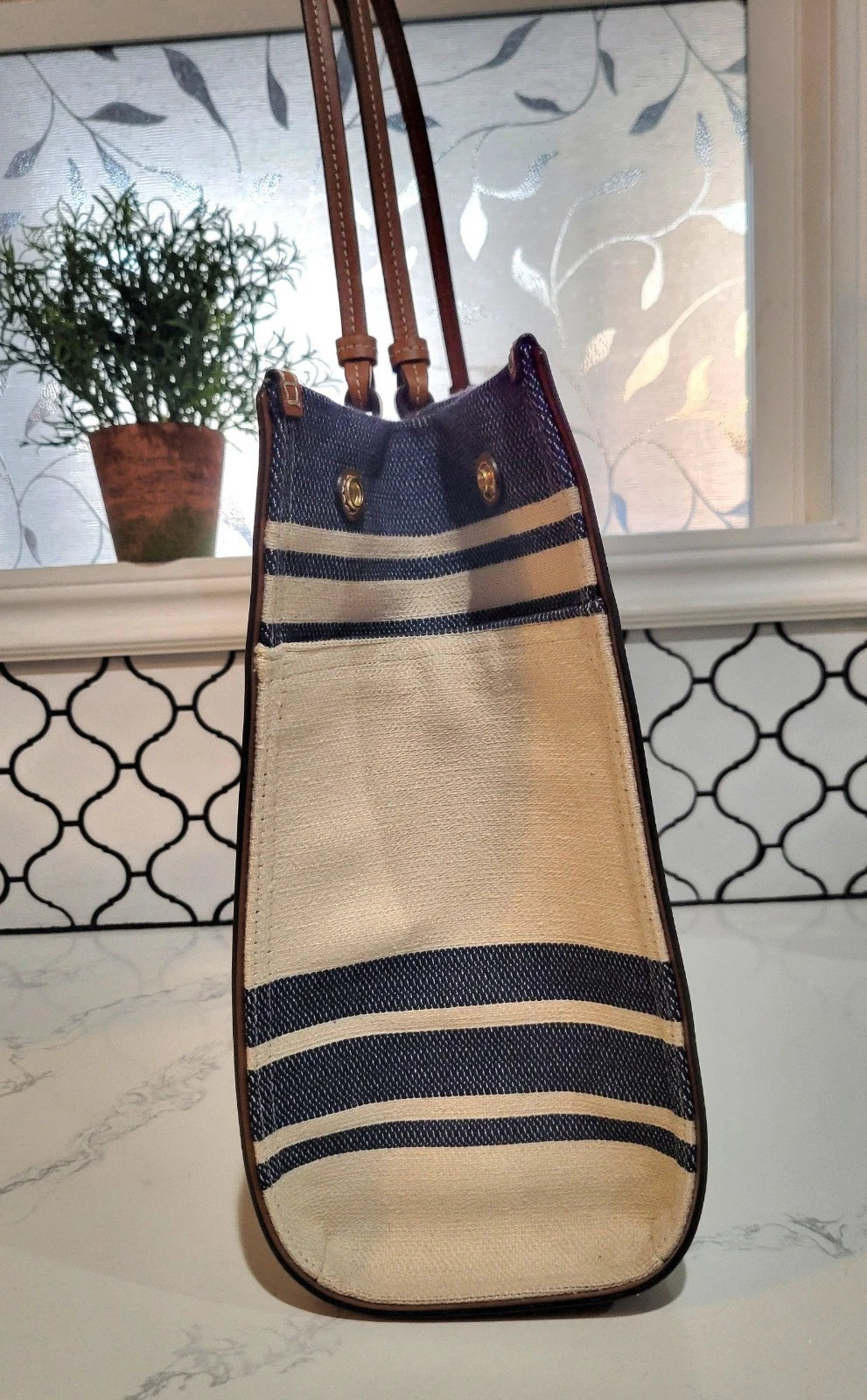 Borsa tote Ella Tory Burch nuova senza etichette in tessuto con bordo in pelle 17x13