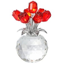 Handmade Crystal Red Rose Flower Figurine with Round Vase, Romantic Rose Gifts