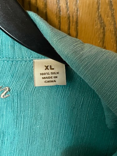 MEN’S CARIBBEAN PURE SILK TEAL BUTTON FRONT SHIRT SIZE XL TROPICAL BEACH BOHO - Picture 3 of 3