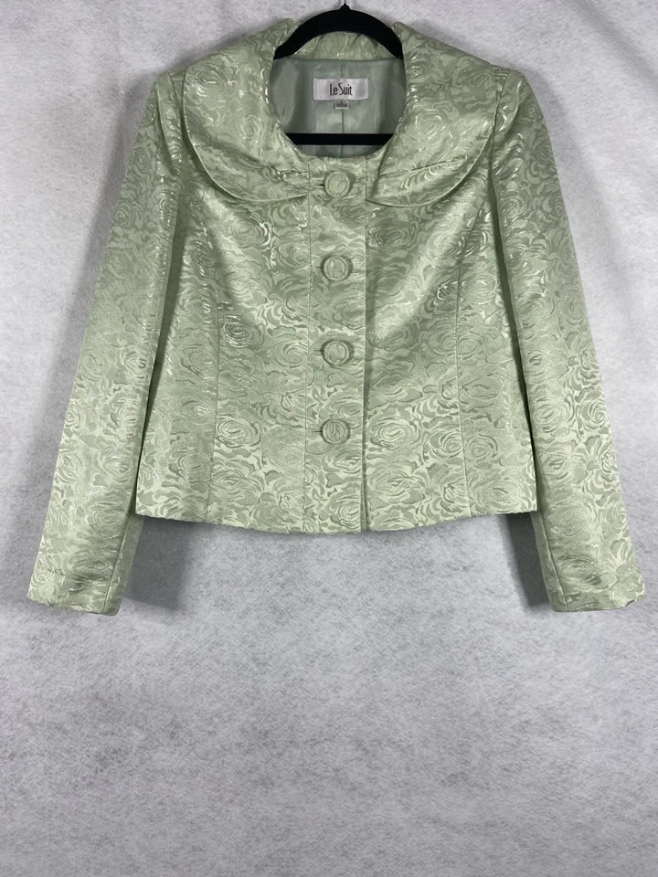 Terno saia Le Suit 2 peças feminino 6 blazer verde botão acolchoado floral manga longa - Imagem 3 de 4