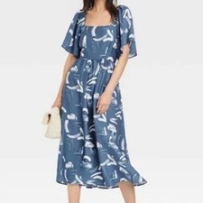 A New Day Women's Blue and White Patterned Midi Dress and A Tie Back Closure XS