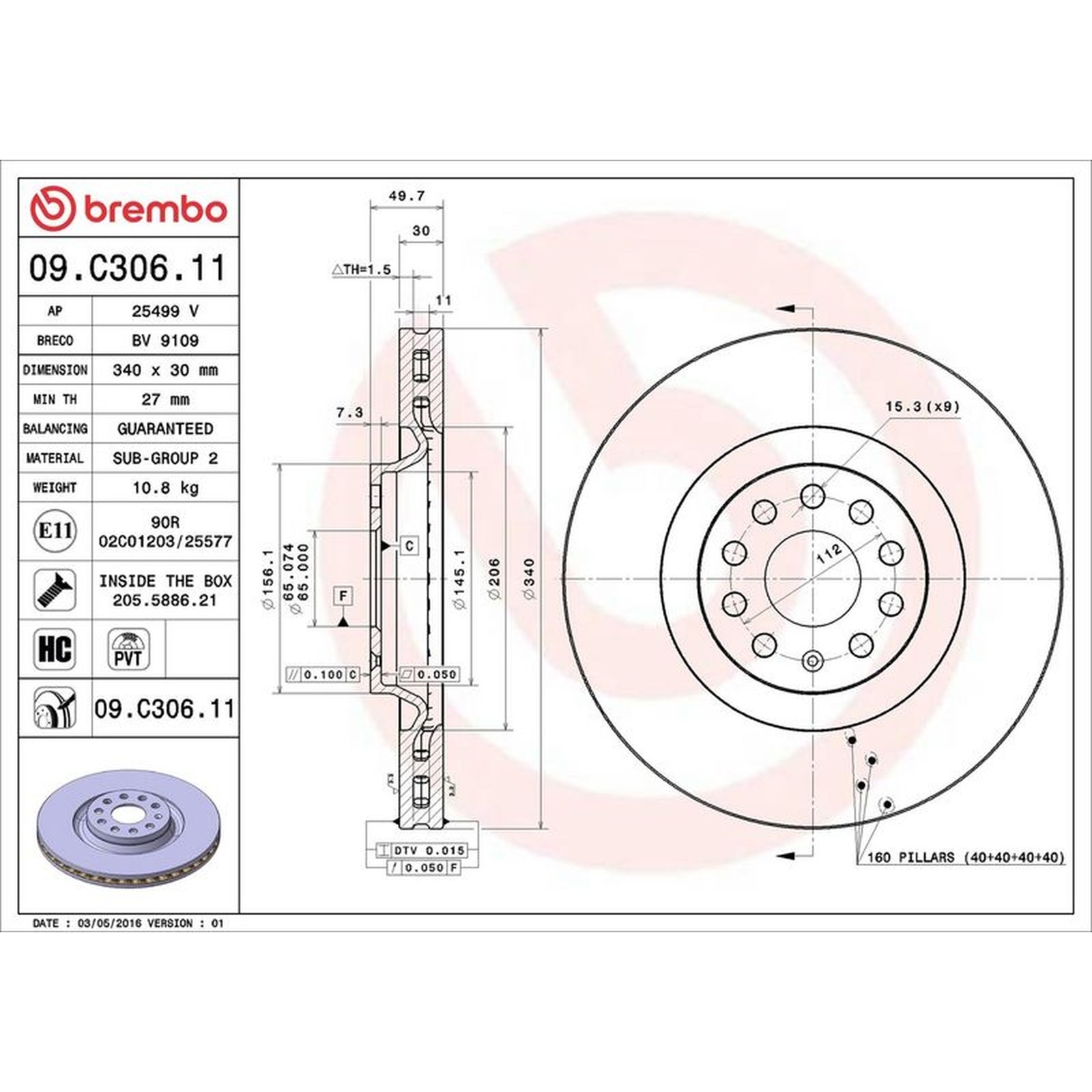 Front Set 2x Brake Discs BREMBO 09.C306.11 for Audi/Seat/VW/Skoda Ateca/Q2/Q3/TT - Image 2