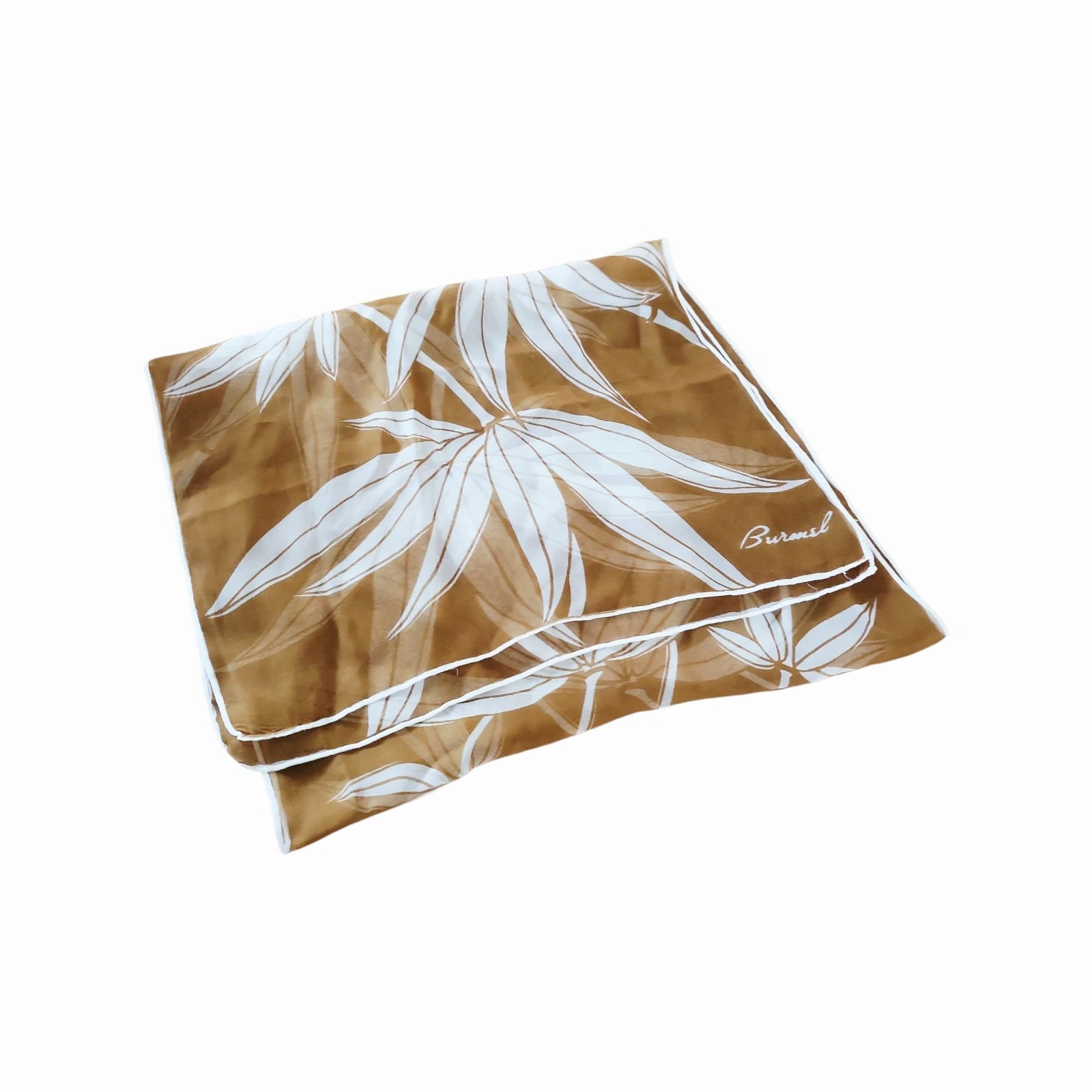 Vintage Burmel Tan & White Bamboo Leaf Semi Sheer Rectangle Scarf 46" x 13"