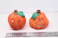 Halloween Ceramic Pumpkin Jack O Lantern Candle Votive Tea Light Cover Set of 2