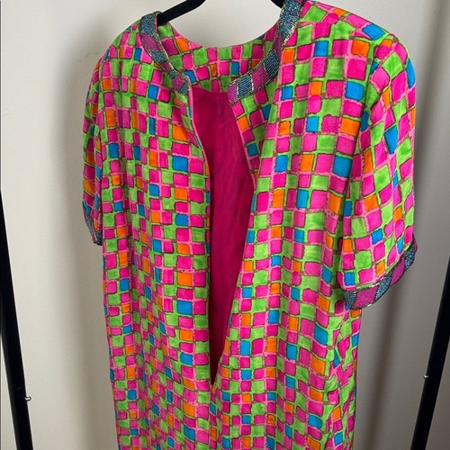 Bill Blass seltenes Vintage buntes geometrisches Seiden Perlen Etuikleid Größe 16 - Bild 7 von 7