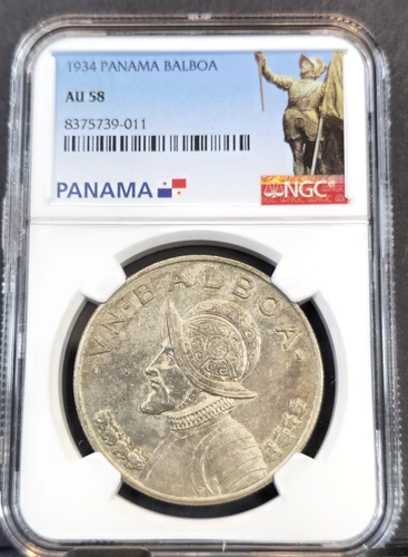 1934 PANAMA SILVER 1 BALBOA VASCO NUNEZ DE BALBOA NGC AU 58 SCARCE HIGH GRADE