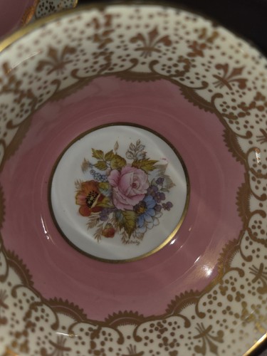 PINK AYNSLEY JA BAILEY SIGNED HAND PAINTED TEACUP & SAUCER SET CABBAGE ROSE - Picture 5 of 11