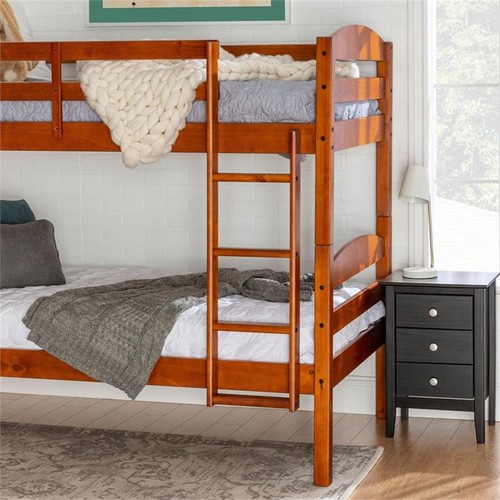 Pemberly Row Transitional Twin-over-Twin Solid Wood Bunk Bed Frame in Cherry - Picture 2 of 9