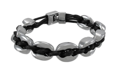 Zeckos Black Leather And Chrome Marine Link Bracelet 7 Inch