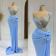 Light Blue Mermaid Prom Dresses Off Shoulder Satin Sequins Applique Evening Gown