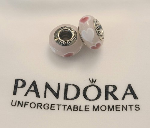 Pandora 2er Set Murano Glas Charms Rosa mit Rosa und Weißen Herzen Design