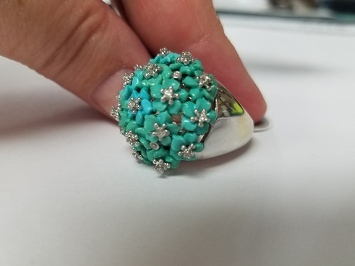 Turquoise Flower Motiff and Diamond Ring 18k Gold - Picture 4 of 6