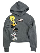 Looney Tunes Womens Jrs Gray Bugs Bunny Semi-Crop Hoodie Sweatshirt