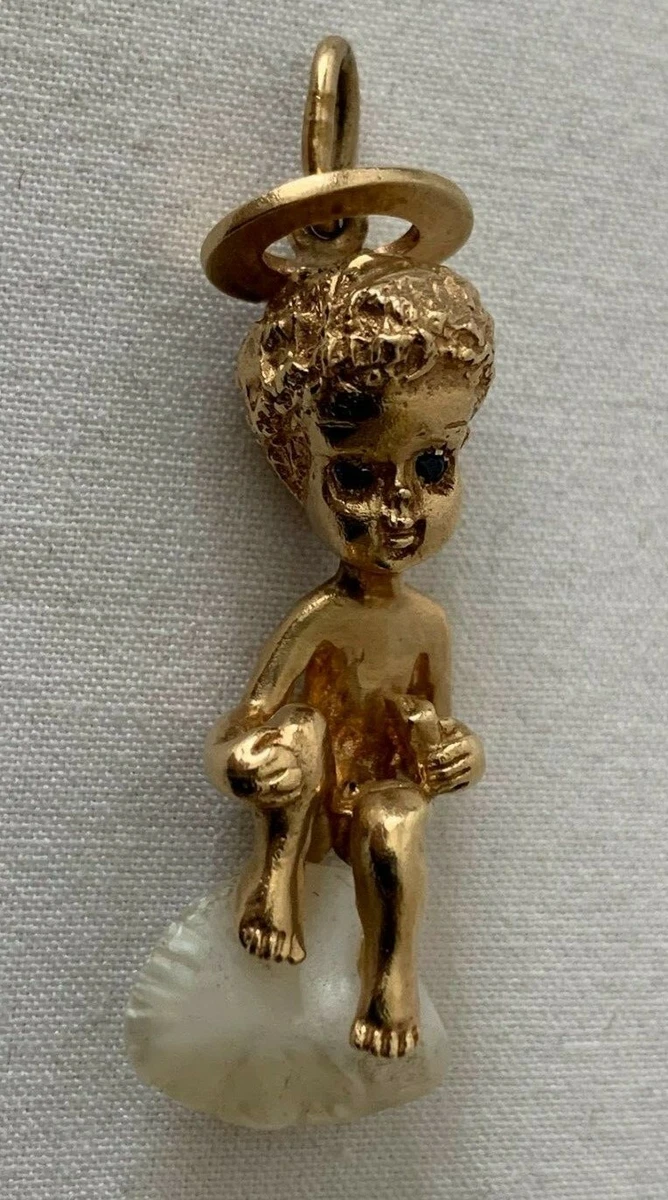 Vintage RUSER 14k Gold Angel Cherub Sapphire Eyes Pearl Cloud