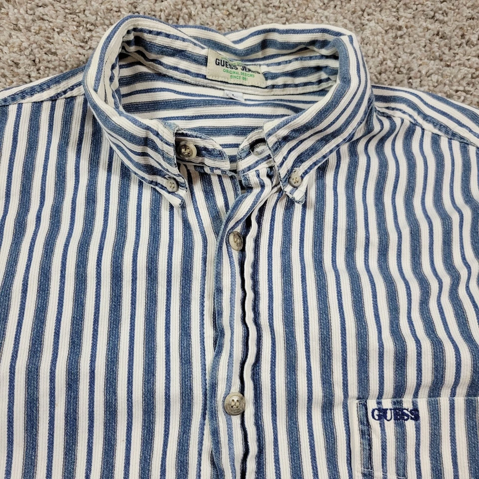 Guess Jeans Shirt Mens Large Blue Denim Button Up Western Stripe Long Slv Stains - Image 2 of 4