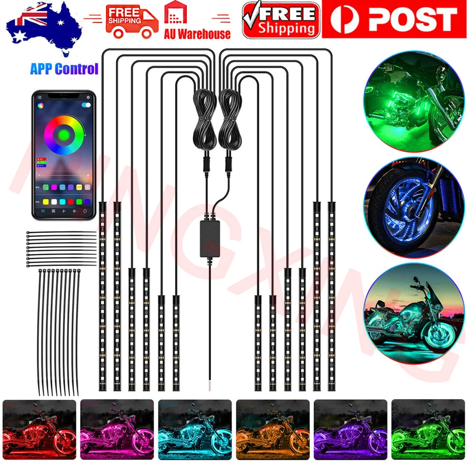 12X RGB LED Motorcycle Car Strip Underglow Body Neon Light Kit Phone APP Control
