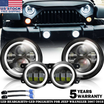 7'' Round LED Headlights + 4'' Fog Lights Combo Kit For Jeep Wrangler JK 2007-17