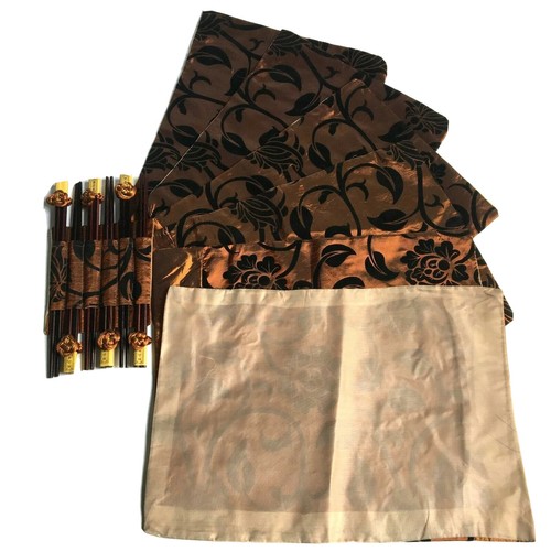 Asian Oriental Black Floral Bronze Satin Placemats Chopsticks Set - Picture 3 of 4