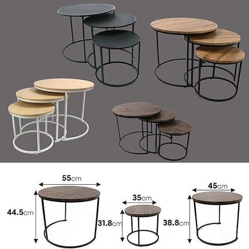 Round Nesting Set of 3 Stacking End Side Tables for Living Room Balcony Bedroom - Picture 17 of 23