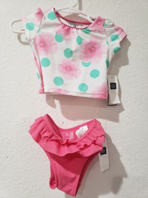 NWT BABY GAP Girls Pink Floral Ruffle Bathing Suit Swimsuit Size
