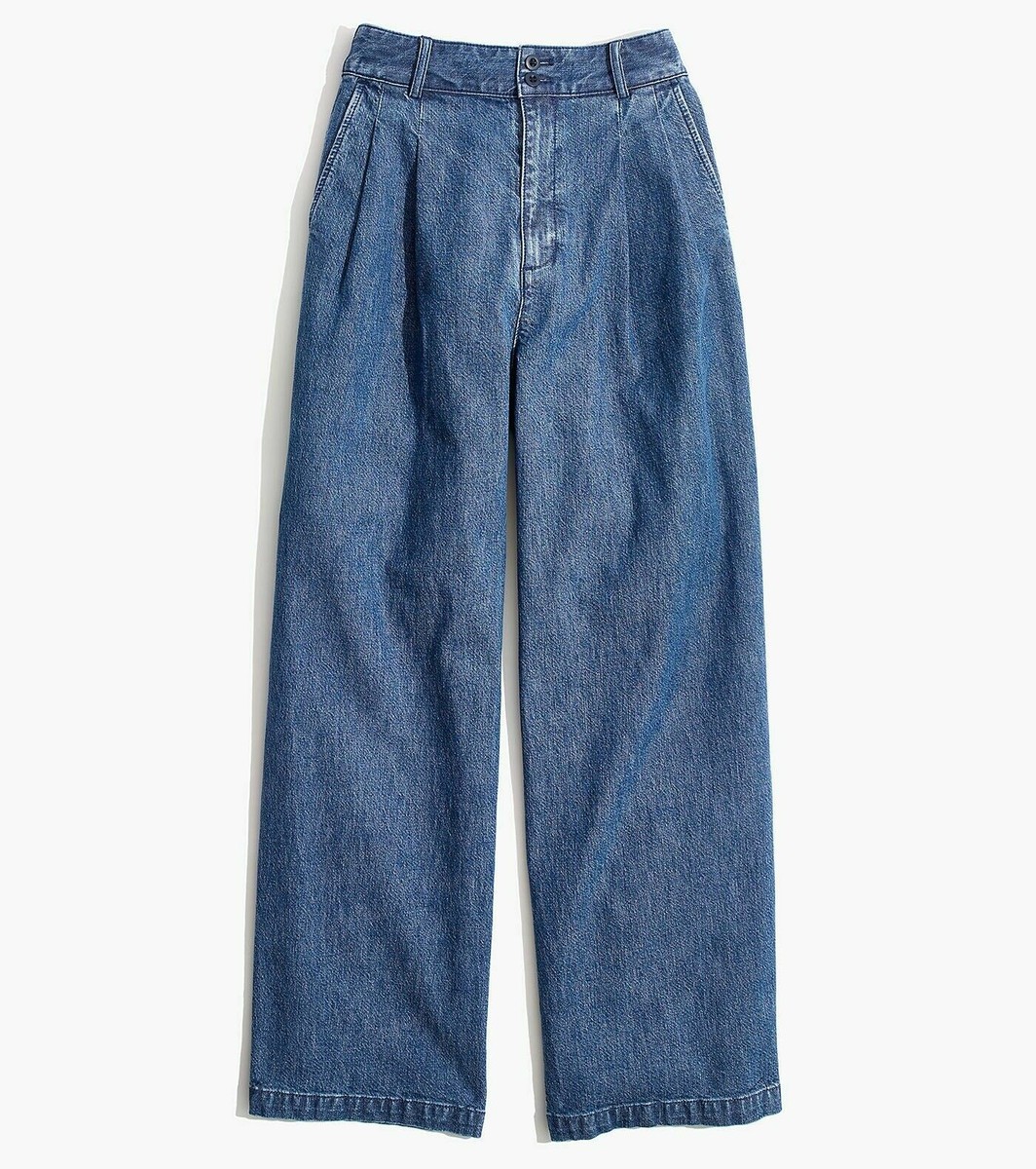 Madewell Women's Pleated Wide Leg Denim Stretch Blue Jeans Pants