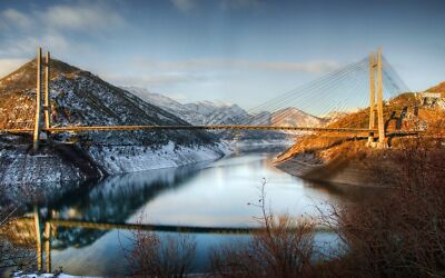 Landscape nature bridge fall lake mountains snow sunset Custom Gaming Mat Desk