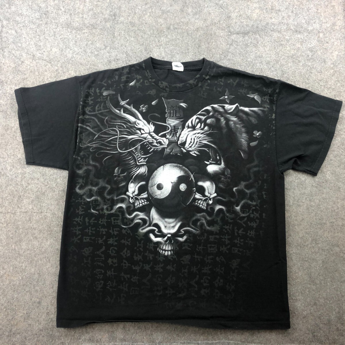 Vintage Liquid Blue Shirt Men XL Chinese Dragon Tiger Smoke Skulls