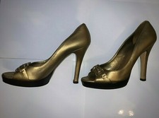 VINTAGE GUCCI GOLD METALLIC HORSEBIT HEELS PUMPS PLATFORM 8.5 RARE