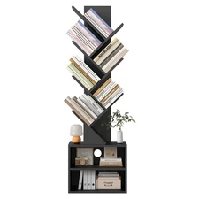 6 Tier Tree Bookshelf, Wood Bookcase with Storage Cabinet, Modern Tall Narrow...