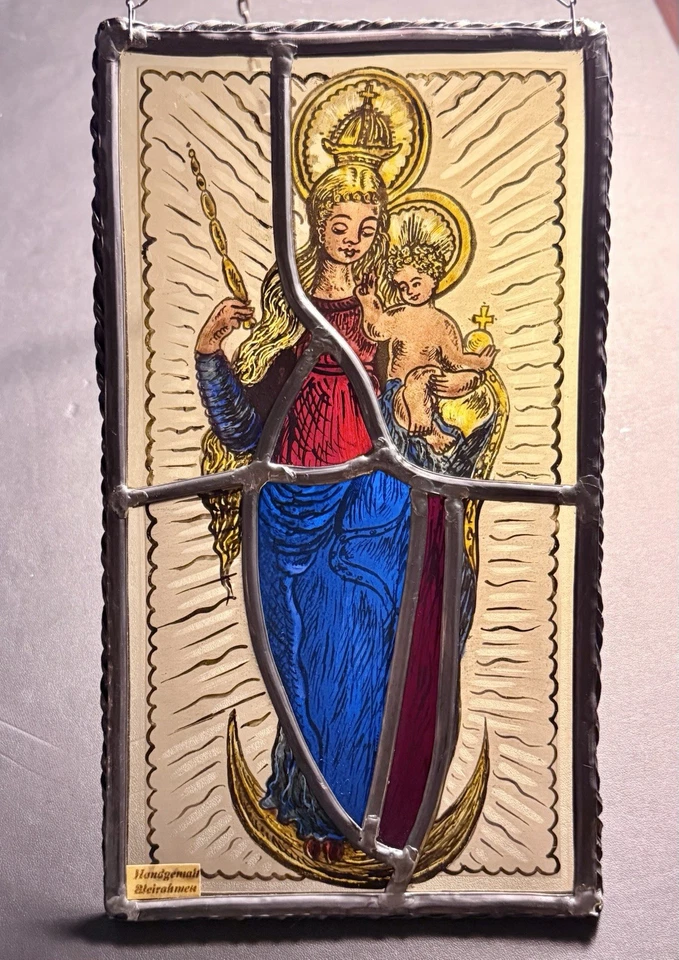 Antique German Hand Painted Lead Frame Stained Glass Madonna & Child Window Art - Image 2 of 4