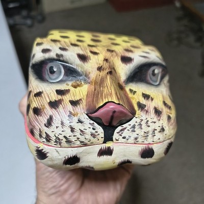 Anthromorphic Wood carved painted Leopard Cat Head face Box human eyes Folk Art