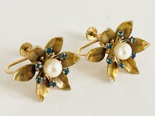 Vintage 1940-50’s KREMENTZ Gold Plated Pearl Sapphire Screw Back Earrings 5.38g