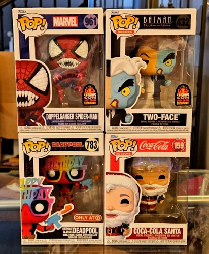 Funko Pop LOT (4) LA Comic Con Two-Face, Doppelganger Spider-Man, Deadpool, Cola