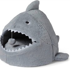 Gray Shark Cave Cat Bed Plush Enclosed Pet House with Non-Slip Bottom