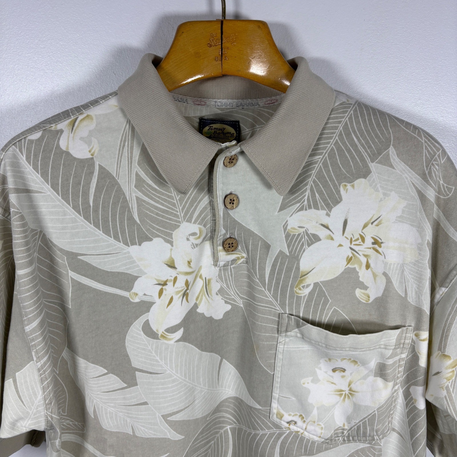 Vintage Tommy Bahama Mens Large Tan Tropical Floral Polo Shirt Short Sleeve