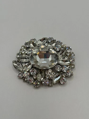 Vintage Oval Clear Rhinestone Statement Brooch Silver Tone Costume Jewelry Pin