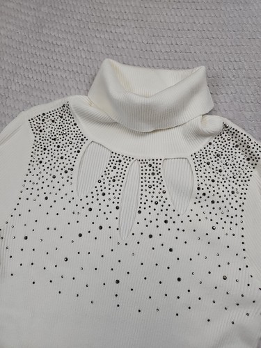Suéter Venus Mujer Pequeño Blanco Acanalado Cuello Alto Estrás - Imagen 4 de 8