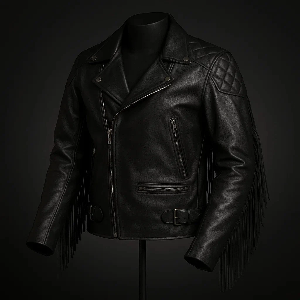 Men’s Black Fringe Western Cowboy Motorcycle Jacket – Genuine Cowhide Leather