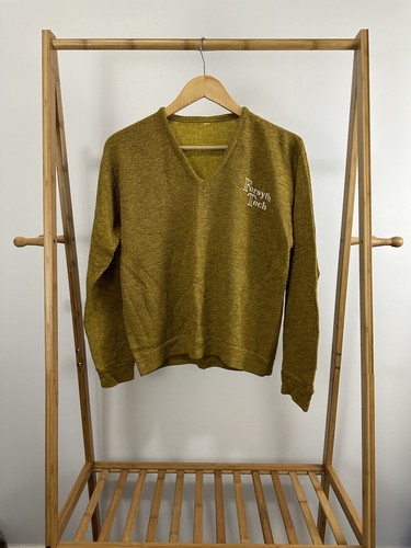 VTG 60s 70s Forsyth Tech Knit Mustard V-Neck Sweater Size L 21x23