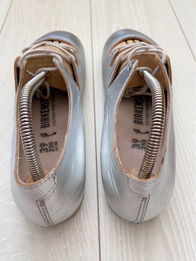 BIRKENSTOCK RYE Lace Up Leather Shoes Silver Narrow Size 39 - 靴